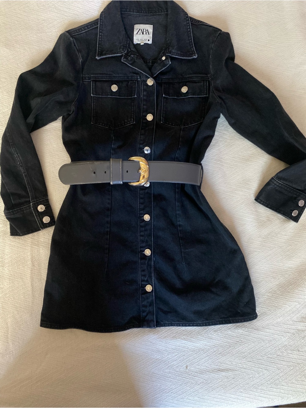 ZARA Black Button-Front Denim Dress with Gold Buckle Belt size Medium